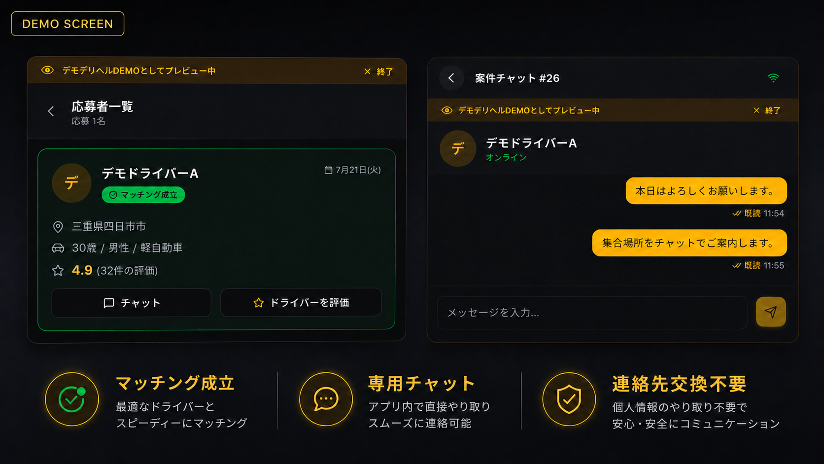 マッチング後の専用チャット DEMO画面