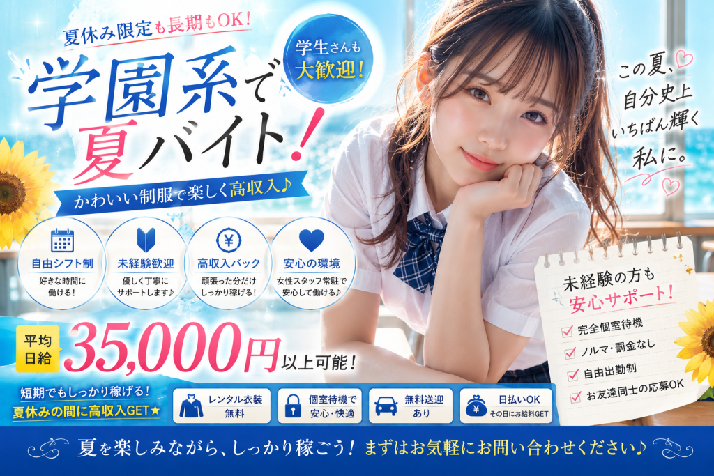 【学園系・コンカフェ風】学生向け！夏休み特化のポップな求人バナー